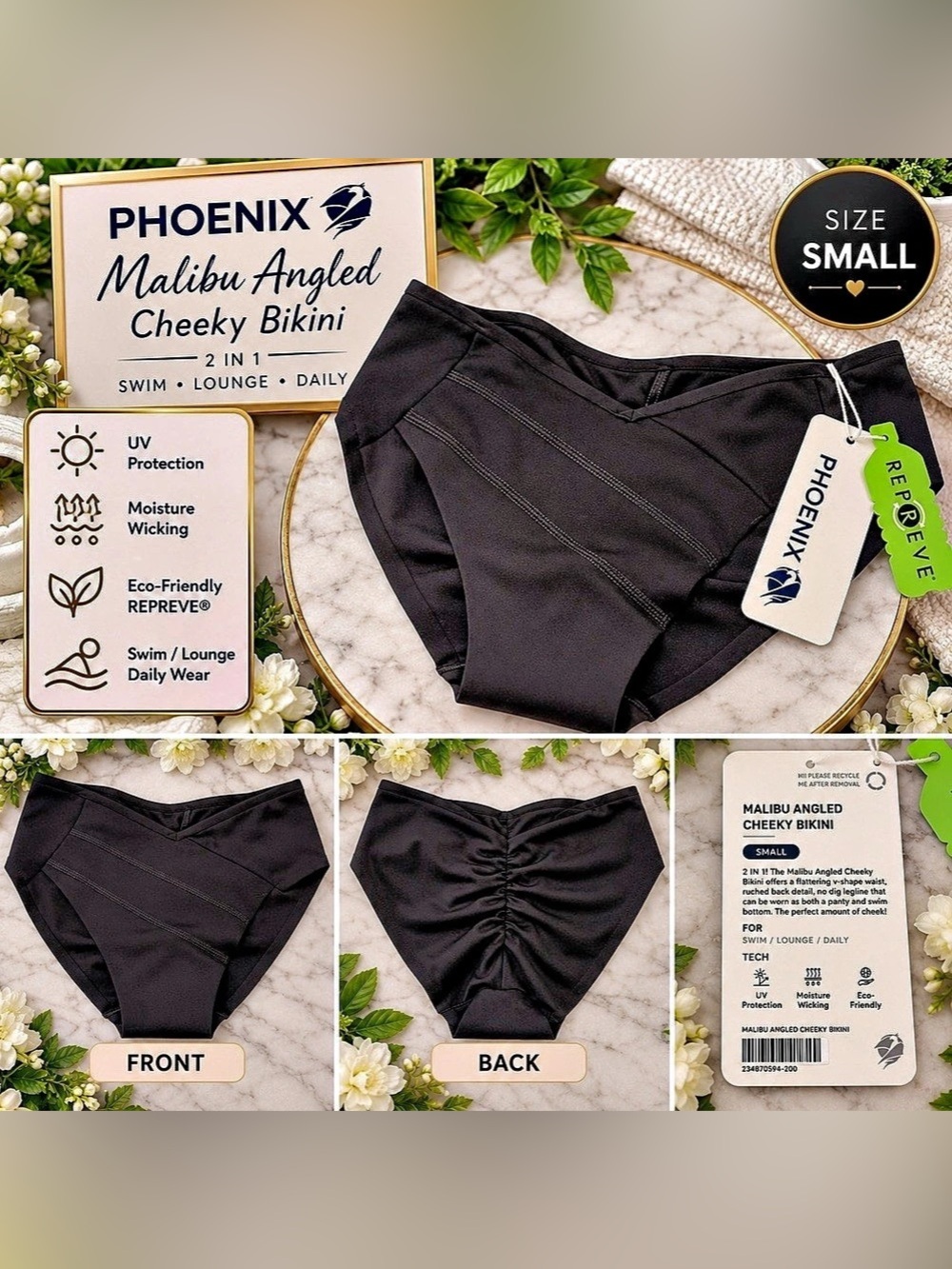 PHOENIX Malibu Angled Cheeky Bikini Bottom – Black – Size Small – NWT